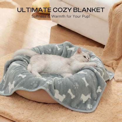 Luciphia 1 Pack 3 Dog Printed Fleece Pet Blankets Washable，Soft Warm Throw Covers for Crate Couch Bed，Cozy Puppy Essentials for Dogs and Cats， Blue/Grey/Khaki, Medium (30x20)