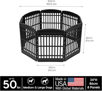 IRIS USA Dog Playpen 34" Tall Dog Playpen Indoor – 8-Panel Puppy Playpen, 63 x 63 x 35, Extra Tall Dog Play Pen Indoors for Large Dogs, Plastic Pet Playpen, Indoor Dog Pen, Black