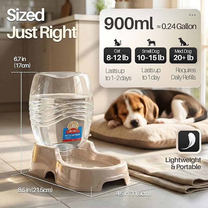 Flexzion Automatic Gravity Pet Waterer for Cat & Dog - Non-Skid & Easy-Clean Auto Replenish Water Dispenser Drinking Bowl (1/4 Gallon/ 900ml), Beige