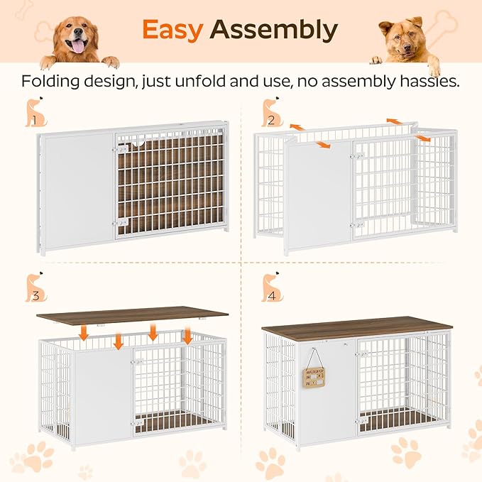 YATINEY Foldable Dog Crate Furniture, 47.2" Dog Crate with DIY Frame, Heavy Duty Dog Kennel Indoor with Hooks, Wooden Dog Cage End Table, for Small/Medium/Large Dogs, White DC120WH