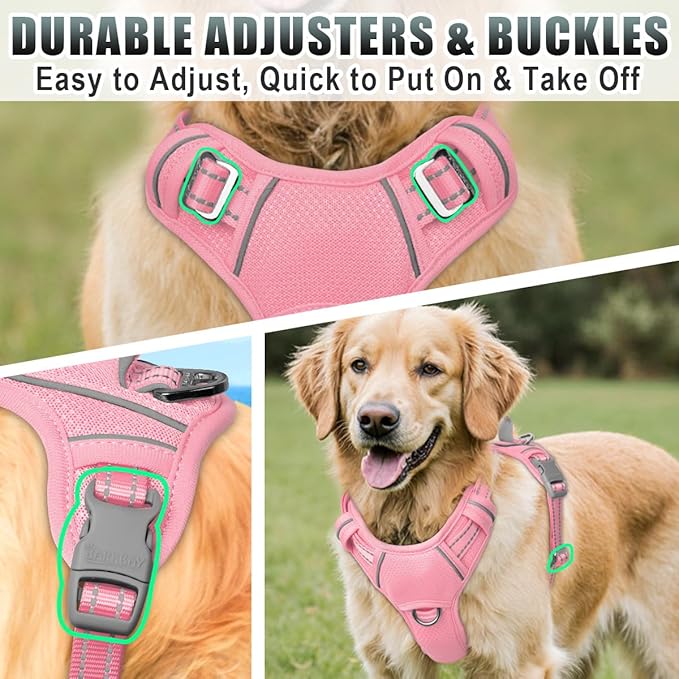 BARKBAY No Pull Dog Harness Large Reflective Dog Harness with Front Clip and Easy Control Handle for Walking Training Running with ID tag Pocket(Baby Pink,M)