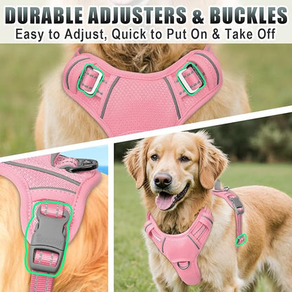BARKBAY No Pull Dog Harness Large Reflective Dog Harness with Front Clip and Easy Control Handle for Walking Training Running with ID tag Pocket(Baby Pink,M)