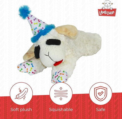 Multipet Lamb Chop Dog Plush Toy w/Birthday Hat - Squeaky Toy for All Dogs - Extra Soft Plush - Stuffed Animal for Cuddling & Playing (10.5", Blue Hat, 5 Squeakers)