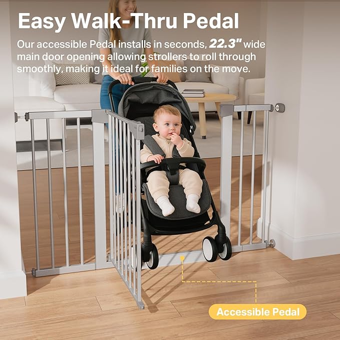 Cumbor 29.7–51.5" Extra Wide Baby Gate for Stairs, Pressure-Mounted Dog Gates for Doorways & Hallways, Auto-Close Walk-Through, No-Trip Design, Child Proof Safety, Dog/Pet Gate for Indoor Use, Silver