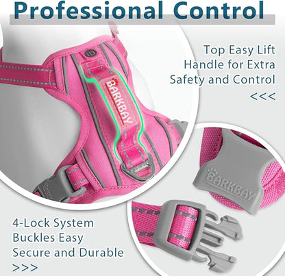 BARKBAY Dog Harness No Pull Oxford with ID Tag Pocket - Heavy Duty, Reflective, Easy Control for Large Dogs(Pink Oxford,L)