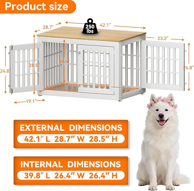 Snuowu 42" Heavy Duty Dog Crate Furniture for Small,Medium and Large Dogs,Rustic Wooden Dog Cage Kennel Indoor Furniture with Waterproof Top,Decorative Pet House Side End Table (White & Wood)