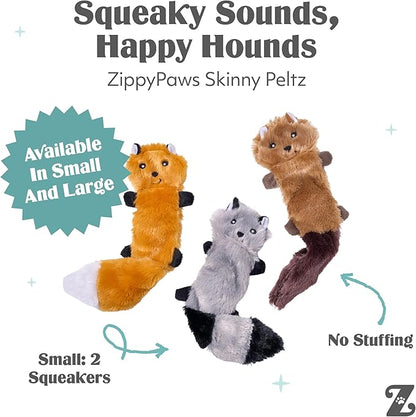 ZippyPaws Skinny Peltz - No Stuffing Dog Toy Pack to Keep Them Busy, for Small and Medium Dogs, Squeaky Pet Toys, Unstuffed Chew Toys, Soft Plush Variety Pack, Fox, Raccoon, and Squirrel - 11"
