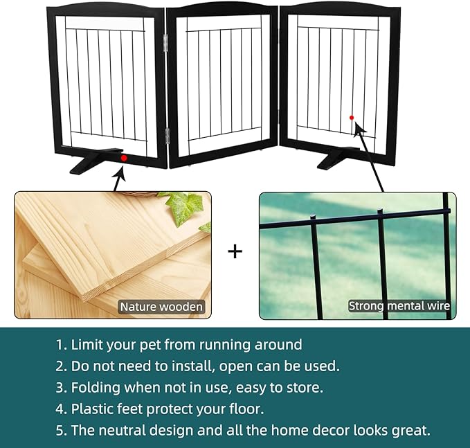 ZJSF Freestanding Dog Fence Indoor, Foldable Dog Gate for Doorways, Stairs or Hallways, Sturdy Wood Extra Wide Pet Gate with Support Feet for The House, Black, 24 "Height-3 Panels