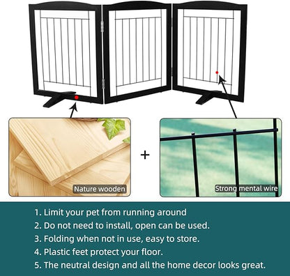 ZJSF Freestanding Dog Fence Indoor, Foldable Dog Gate for Doorways, Stairs or Hallways, Sturdy Wood Extra Wide Pet Gate with Support Feet for The House, Black, 24 "Height-3 Panels