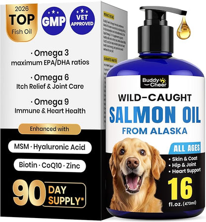 Wild Alaskan Salmon Oil for Dogs & Cats – Fast-Absorbing Fish Oil for Dogs with Krill Oil, Omega 3 6 9 Fish Oil Supplement from 8 Deep Sea Fishs for Skin, Coat, Joints & Heart -16oz (90 Day Supply)