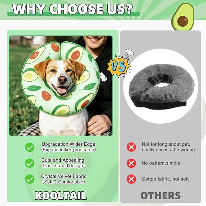 KOOLTAIL Inflatable Dog Cone Collar, Soft Donut E Collar for Dogs After Surgery to Stop Licking Enhanced Alternative, Blow Up Pet Neck Pillow Recovery Adjustable Cone for Dog Cat，Avocado L