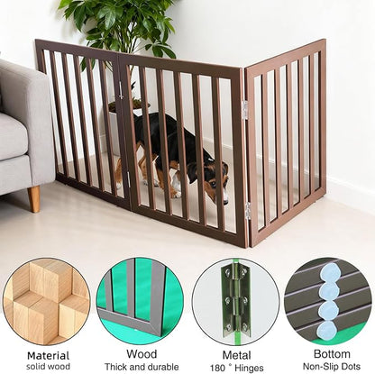 ZJSF Freestanding Indoor Dog Gate for House Foldable Wood Brown Puppy Gate for Doorways Pet Gate for Stairs Extra Wide Pet Fence 32" Height 3 Panels
