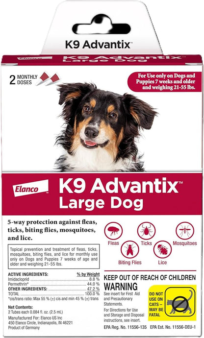 K9 Advantix Flea, Tick & Mosquito Prevention for Dogs 21-55 lbs. | Flea Drops for Large Dogs | Apply Monthly | 2 Treatments