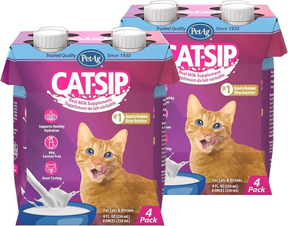 PetAg Cat-Sip Real Milk - 8 oz, 8 Pack - Ready-to-Feed Snack for Cats & Kittens - Easy to Digest with 99% Lactose-Free, Low-Fat Grade A Milk - Encourages Hydration