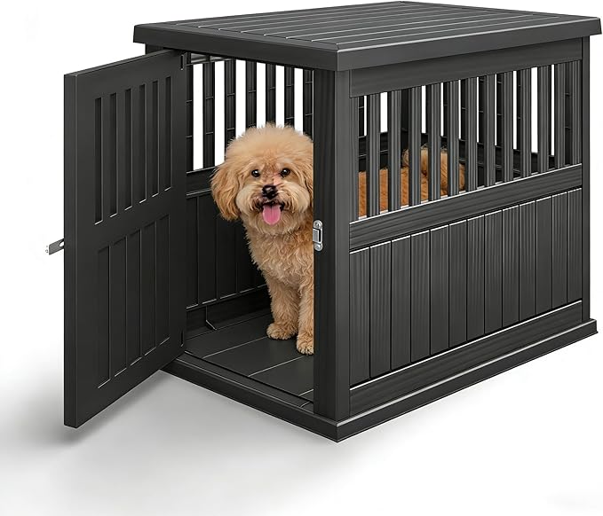 Bifanuo 30-Inch Dog Crate Furniture, Heavy Duty Dog Crate for Medium and Small Dog, Lockable Indoor Outdoor Dog Kennel & End Table, Decorative Plastic Pet Cage (Classic Black, 29.5" x 21"x 25.2")