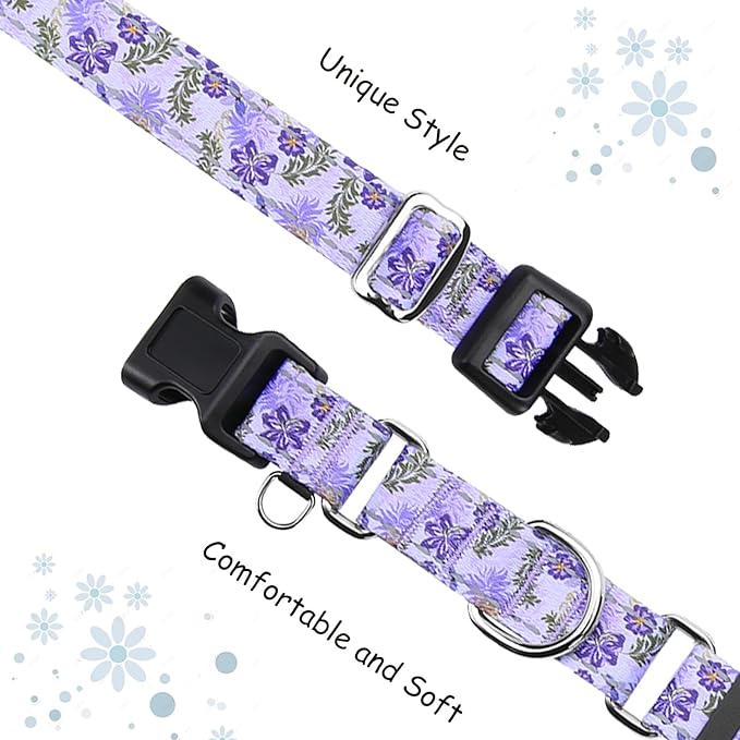 Reflective Martingale Collar for Dogs with Quick Release Buckle Cute Girl Female Flower Dog Collars (Lavender Floral, Large)