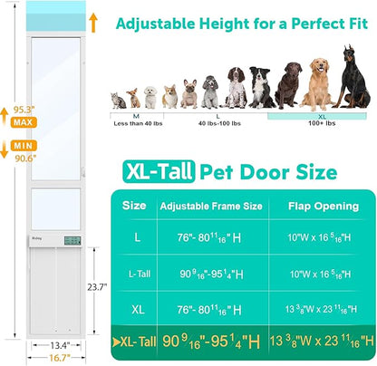 Automatic Sliding Glass Dog Door with Collar Sensor, X-Large Electric Doggy Door for Sliding Glass Doors, Adjustable 90-9/16" to 95-1/4" Slider Height, Anti-Pinch, Fits Dog Up to 220 Lbs (XL-Tall)