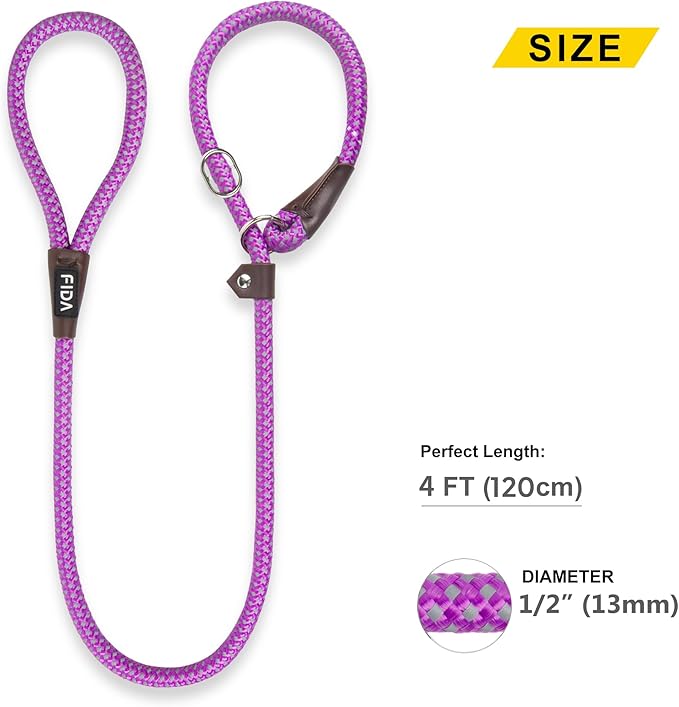 Fida Slip Leads for Dogs, 4 FT x 1/2" Dog Leash Heavy Duty Comfortable Strong Rope Lead for Large, Medium Dogs, No Pull Pet Training Leash with Highly Reflective,Purple