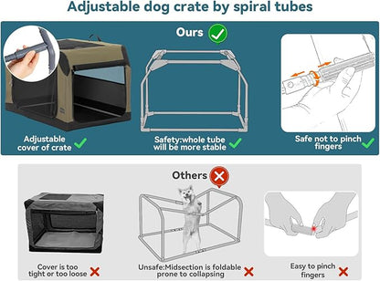 PETSFIT Travel Dog Crate, Soft Dog Crate - 24 Inch Sturdy Adjustable Structure, Easy to Set Up, Portable Dog Kennel for Car, Light Tough with 3 Mesh Doors, Army Green