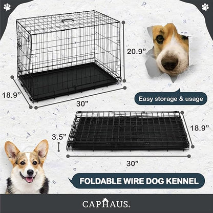 CAPHAUS Foldable Dog Crate Wire Metal Dog Kennel w/Divider Panel, Leak-Proof Pan & Protecting Feet, Single & Double Door, Small, Medium & Large Dog Crate Indoor Wire Dog Cage, 30” w/Classic Lock