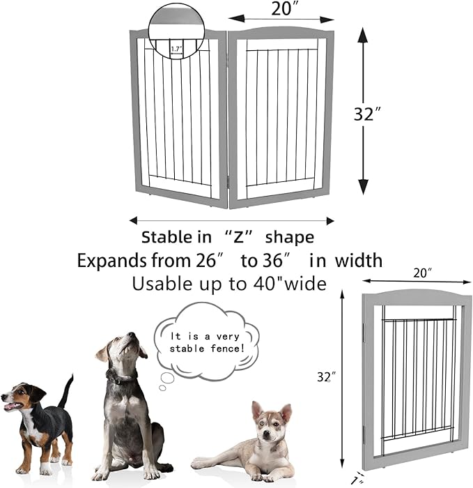 ZJSF Freestanding Foldable Dog Gate for House Extra Wide Wooden Indoor Puppy Gate Stairs Doorways Pet Gate Tall Dog Fence 2 Panels Fence Grey