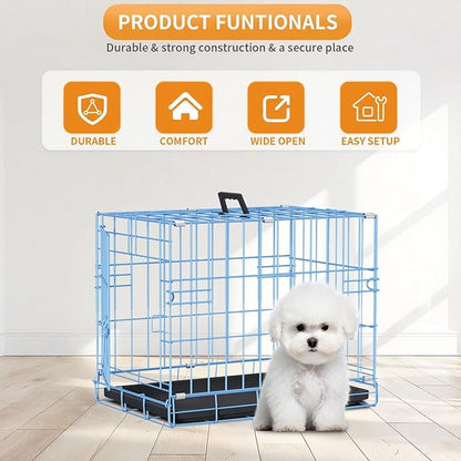 PayLessHere 18 Inch Dog Crate Kennel for Small Dogs Metal Cage Single-Door Folding Travel Indoor Outdoor Puppy Playpen with Divider and Handle Plastic Tray,Blue