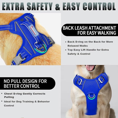 BARKBAY No Pull Dog Harness Large Reflective Dog Harness with Front Clip and Easy Control Handle for Walking Training Running with ID tag Pocket(Sapphire Blue,XL)