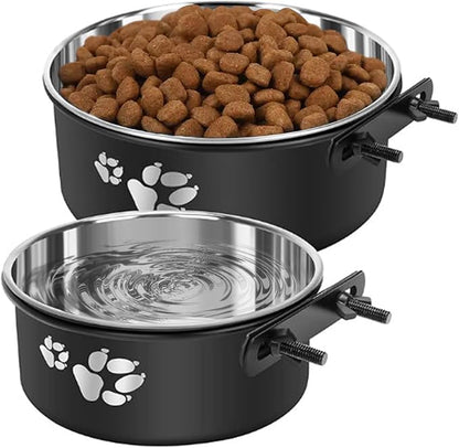 Kathson 2 Pack Dog Kennel Stainless Steel Crate Bowl, No Spill, Hanging Metal Pet Food Bowl Feeder for Cats Small Medium Dogs (Black)