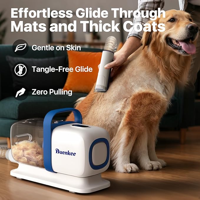 buenkee Dog Grooming Kit with Vacuum, 15000Pa Pet Hair Clipper and Shedding Brush, 50dB Low Noise, 2L Capacity, White