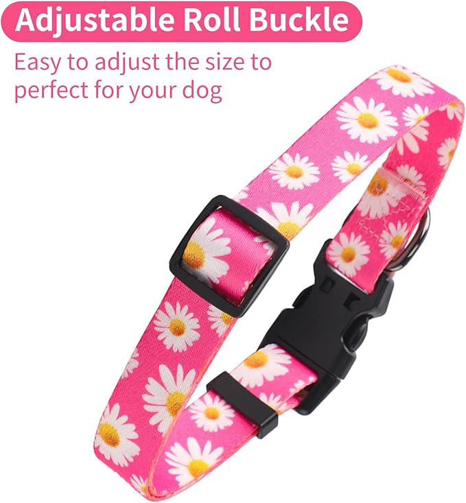 QQPETS Adjustable Soft Dog Collar: Print Flower Pink Multicolor Cute Patterns for XS Small Medium Large Pet Girl Boy Puppy Walking Running Training (M, Small Daisies)