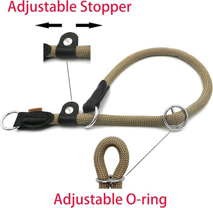 Braided Round Martingale Dog Collar, Training Collar with Slidable Stop Ring and Adjustable Stopper - Ideal for Extra Large Dogs (XL(1/2") - 24" Long, Khaki)