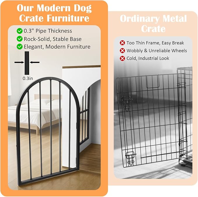 32" Dog Crate Furniture for Small Medium Dogs, Heavy Duty Wood Metal Indoor Dog Kennel with Bowls, Decorative Pet Cage Dog House as TV Stand, White & Wood