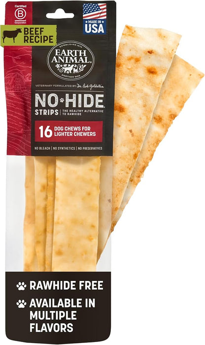 Earth Animal No Hide Strips - Natural Rawhide Free Dog Chew Strips, Beef - 16 Count