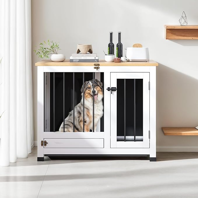 31.5" Dog Crate - Wooden Dog Kennel Furniture with 360° Rotating Feeder & Removable Tray | Indoor Multi-Functional End Table for Medium & Small Dogs, Light Walnut Dog Cage, Portable Pet Crates