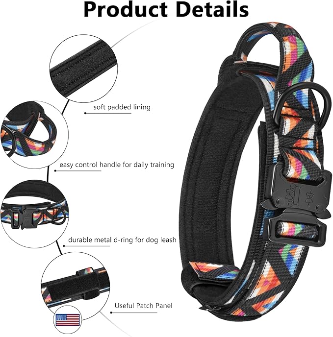 DAGANXI Tactical Dog Collar, Adjustable Military Training Nylon Dog Collar with Control Handle and Heavy Metal Buckle for Medium and Large Dogs, with Patches and Airtags Case (XL, Colorful Triangle)