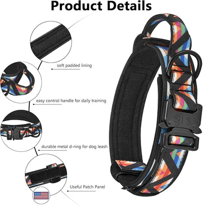 DAGANXI Tactical Dog Collar, Adjustable Military Training Nylon Dog Collar with Control Handle and Heavy Metal Buckle for Medium and Large Dogs, with Patches and Airtags Case (XL, Colorful Triangle)