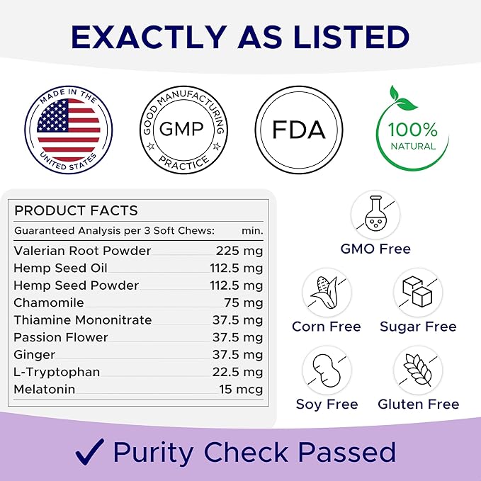 Advanced Calming Chews for Dogs - Hemp Treat + Melatonin + Valerian - Relaxing Bites - Calming Care - Stress Relief - Made in USA - Calm, Sleep Aid, Storms - 60Ct