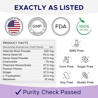 Advanced Calming Chews for Dogs - Hemp Treat + Melatonin + Valerian - Relaxing Bites - Calming Care - Stress Relief - Made in USA - Calm, Sleep Aid, Storms - 60Ct