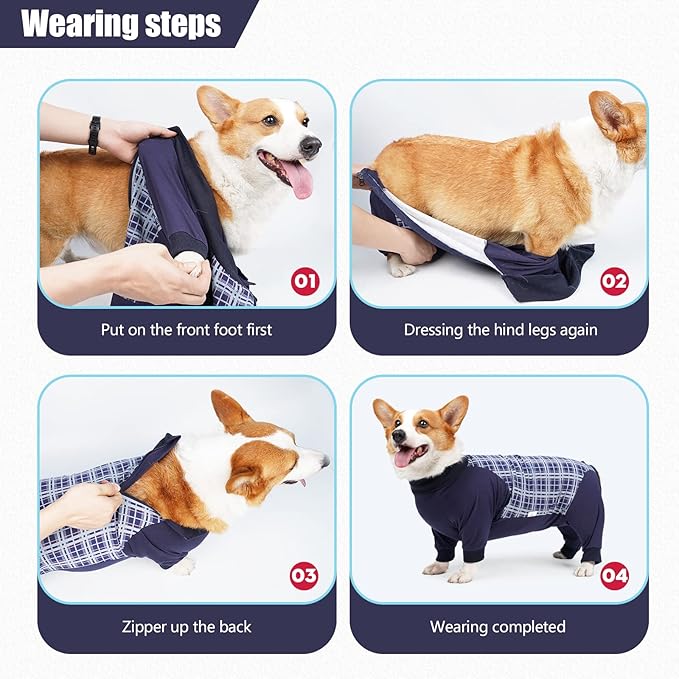 Dog Recovery Suit, Abdominal Wound After Surgery Wear, Anti Licking Bodysuit with Zipper, E-Collar & Cone Alternatives, Plaid Dog Spay Surgical Shirt Prevent Shedding(3XL, Blue)