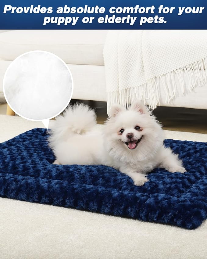 Washable Dog Bed Mat Soft Dog Crate Pad Fluffy Pet Kennel Beds Sleeping Mattress with Non-Slip Bottom for Large Jumbo Medium Small Dogs, 47 x 29 Inch, Blue