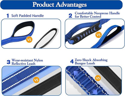Heavy Duty Dog Leash for Large Dogs, 4-6FT Traffic Padded 2 Handles for Extra Control, Strong Shock Absorbing Bungee with Car Safety Buckle, Reflective for Night Walking