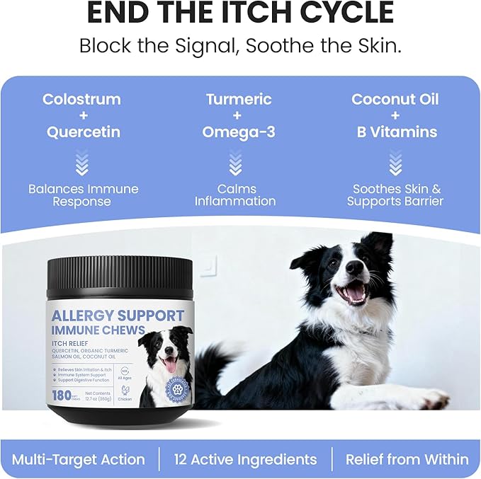 Dog Allergy Skin Relief Chews for Hotspot & Dry Skin, Itchy Skin Relief Supplement for Dog Paw Licking, Anti-Itch Soft Chews with Colostrum-Fish Oil-Probiotic to Boost Immune System 180ct