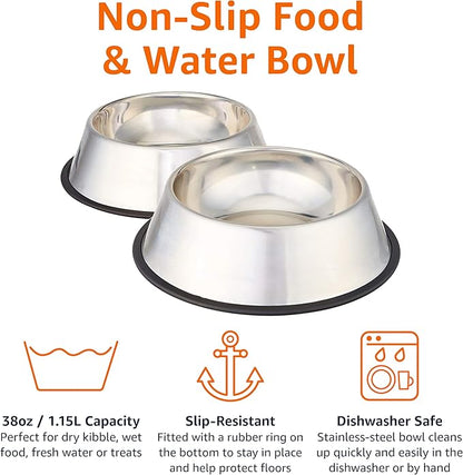 Amazon Basics Stainless Steel Non-Skid Dog Water And Food Bowls, Dishwasher Safe, Rust Resistant, 38oz Capacity, 10 x 2.8 Inches, 2-Pack
