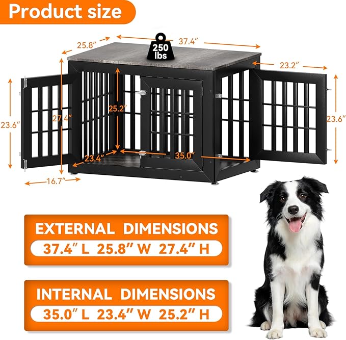 Snuowu 38" Heavy Duty Dog Crate Furniture for Small,Medium and Large Dogs,Rustic Wooden Dog Cage Kennel Indoor Furniture with Waterproof Top,Decorative Pet House Side End Table (Black & Grey)