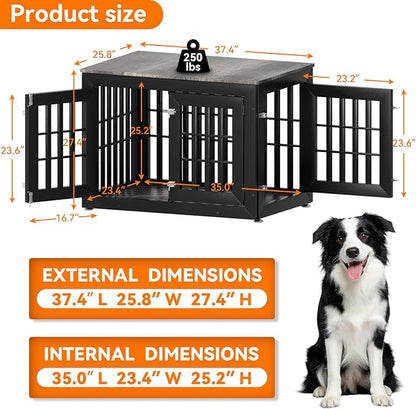 Snuowu 38" Heavy Duty Dog Crate Furniture for Small,Medium and Large Dogs,Rustic Wooden Dog Cage Kennel Indoor Furniture with Waterproof Top,Decorative Pet House Side End Table (Black & Grey)
