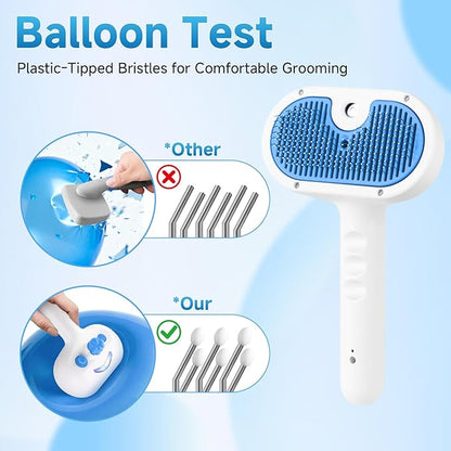 Pet Steam Brush for Dog & Cat - 3-in-1 Steam Grooming Brush for Shedding & Hair Removal - Self Cleaning Spray Comb with Mist for Long Haired Pets - Includes 1*Waterless Shampoo, Blue.