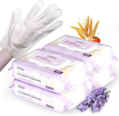 IMMHABI 100 Pcs Cleaning Deodorizing Pet Glove Wipes for Dogs & Cats, Hypoallergenic Dog Bath Wipes with Natural Deodorizer Persimmon Tannin, Pet Bathing Wipes for Horse Coat Care Lavender Scent