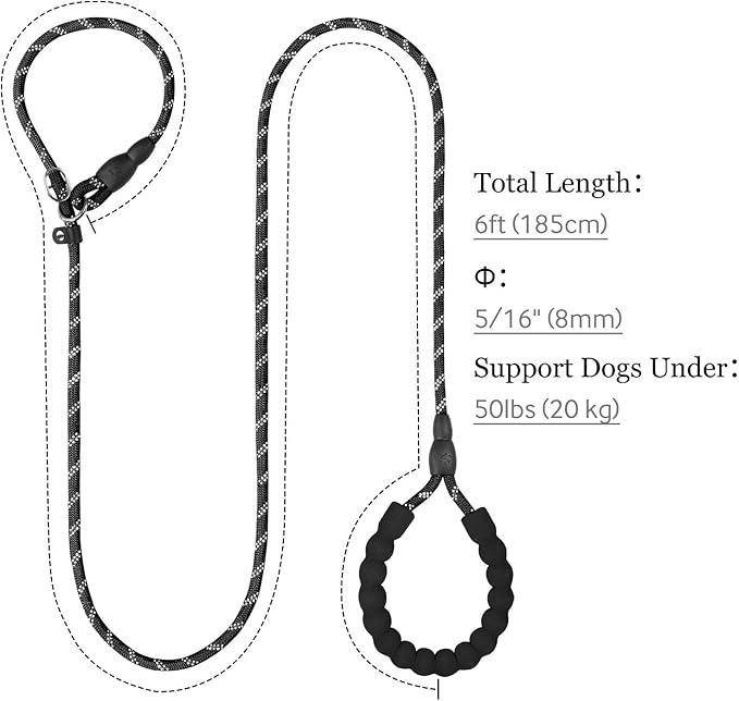 TagME 6ft Slip Dog Lead, No Pull Reflective Training Leash with Padded Handle, Professional Rope P-Leash for Small Medium Large Dogs, Heavy Duty Correction Lead for Walking & Training (Black)