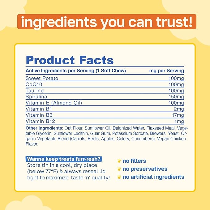 Happy Paws Cognitive Taurine Supplement for Dogs, Soft Chews with Spirulina, CoQ10 & Vitamins B1, B3, B12, Senior Dog Vitamins that Support Cognitive Function, Memory and Focus,