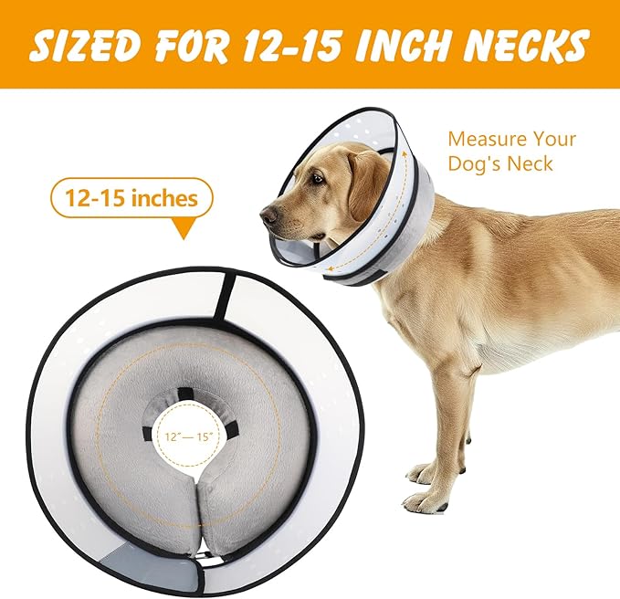 Inflatable Dog Cone Collar with Detachable Transparent Shield, Adjustable Dog Donut Collar to Stop Licking After Surgery.Soft Dogs Cone Alternative for Small Medium Large Dogs(Neck 12-15 inch)